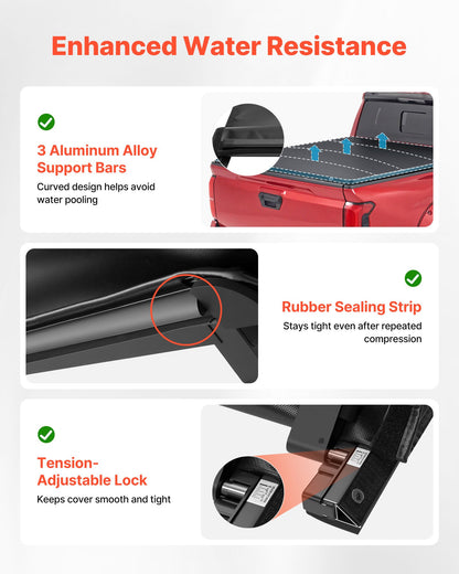 Soft Roll-Up Truck Bed Tonneau Cover, Compatible with 2024-2025 Toyota Tacoma (Excl. Trail Edition) with Deck Rail System, Fits 5 ft (60 in) Bed, PVC Tonneau Cover with Three Aluminum Alloy Bars