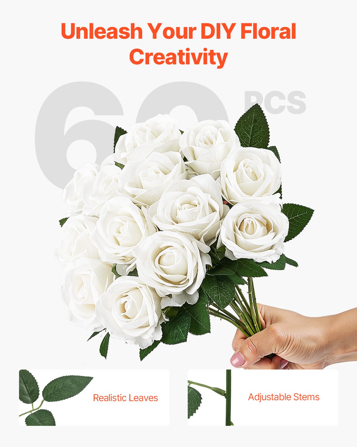 Artificial Flowers, 60 pcs Real Looking White Foam Fake Roses Bulk, White Faux Bridal Shower with Stems for DIY Wedding Bouquets, Home Centerpieces Arrangements, Party Tables Decorations