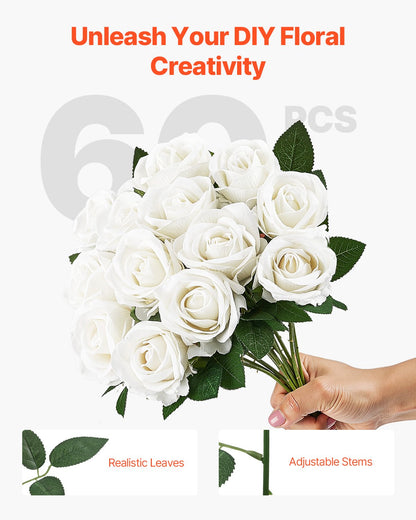 Artificial Flowers, 60 pcs Real Looking White Foam Fake Roses Bulk, White Faux Bridal Shower with Stems for DIY Wedding Bouquets, Home Centerpieces Arrangements, Party Tables Decorations