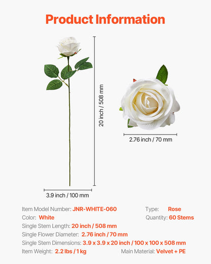 Artificial Flowers, 60 pcs Real Looking White Foam Fake Roses Bulk, White Faux Bridal Shower with Stems for DIY Wedding Bouquets, Home Centerpieces Arrangements, Party Tables Decorations