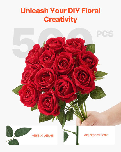 Artificial Flowers, 500 pcs Real Looking Red Foam Fake Roses Bulk, Faux Red Bridal Shower with Stems for DIY Wedding Bouquets, Home Centerpieces Arrangements, Party Tables Decorations