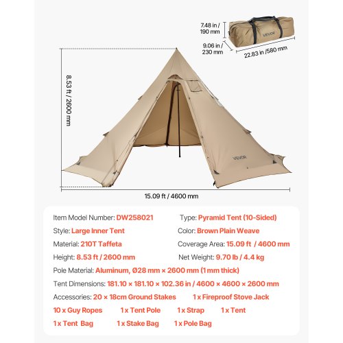 Tipi Heated Tent with Stove Outlet Waterproof Portable for Camping 4-6 People | EU