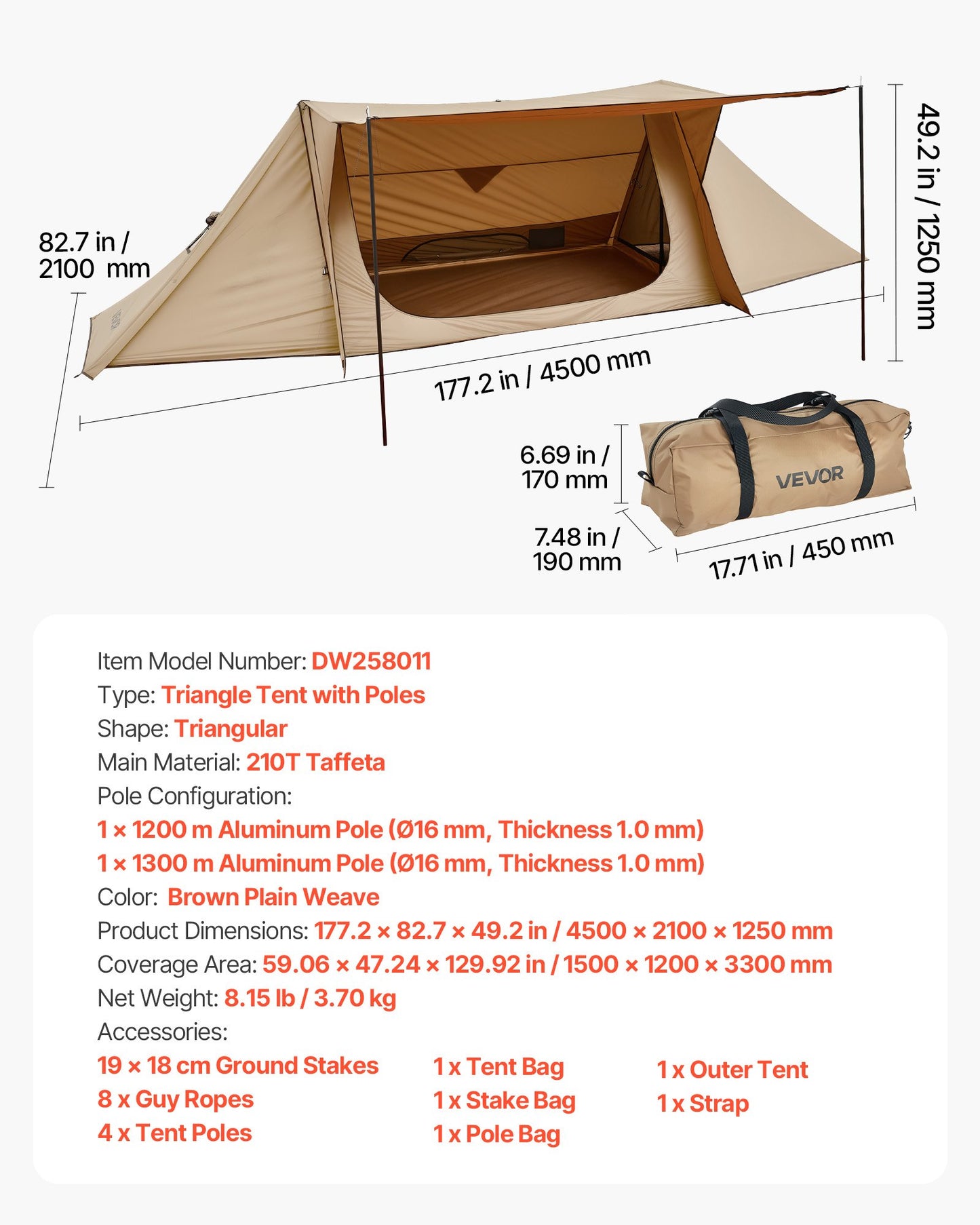 Camping Hot Tent, Lightweight Bushcraft Tent with Stove Jack & 2 Tarp Poles, Waterproof Winter Hot Tents Shelters, Portable 4 Season Tents for 2 Persons Hiking Fishing Hunting Backpacking