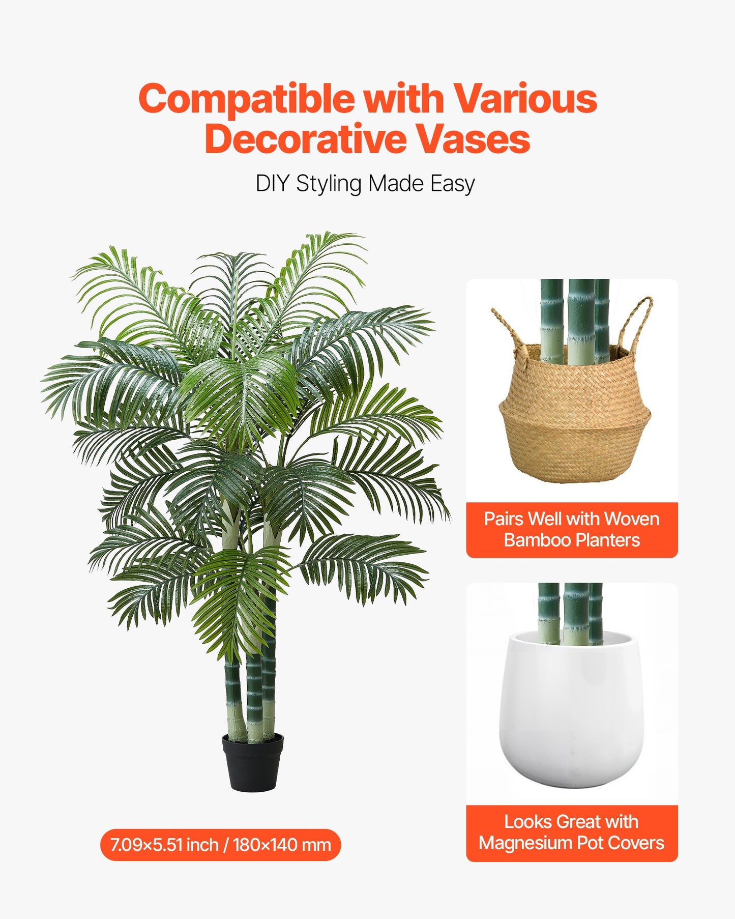 Artificial Areca Palm Tree 6 ft, Fake Palm Tropical Plants with White Tall Planter, Faux Floor Silk Plant in Pot, Large Trees for Home Office Living Room Decor House Warming, Indoor Outdoor