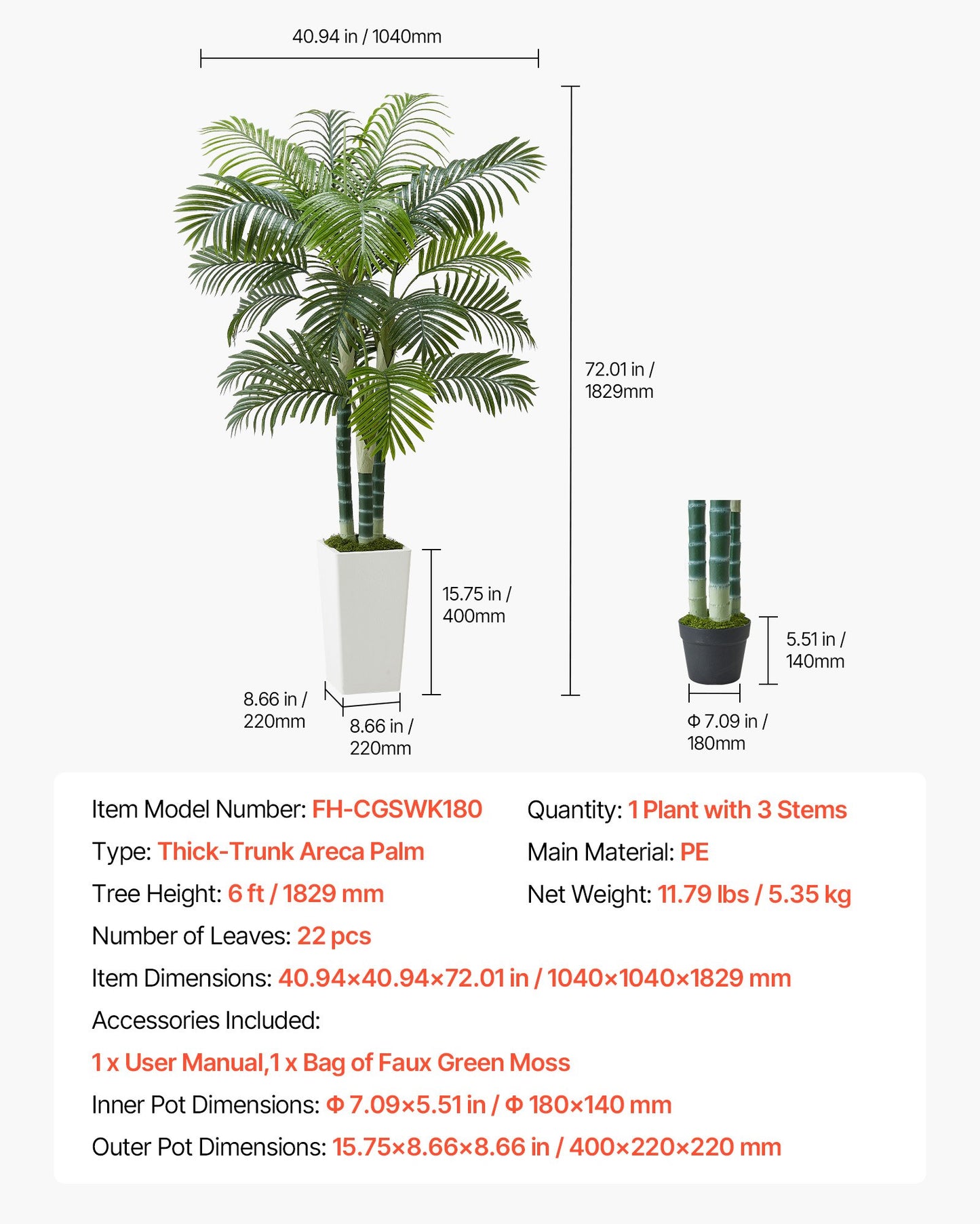 Artificial Areca Palm Tree 6 ft, Fake Palm Tropical Plants with White Tall Planter, Faux Floor Silk Plant in Pot, Large Trees for Home Office Living Room Decor House Warming, Indoor Outdoor