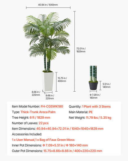 Artificial Areca Palm Tree 6 ft, Fake Palm Tropical Plants with White Tall Planter, Faux Floor Silk Plant in Pot, Large Trees for Home Office Living Room Decor House Warming, Indoor Outdoor