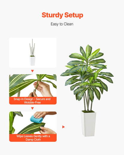 Artificial Dracaena Tree 5 ft, Fake Palm Tropical Plants with White Tall Planter, Faux Floor Silk Plant in Pot, Large Trees for Home Office Living Room Decor House Warming, Indoor Outdoor