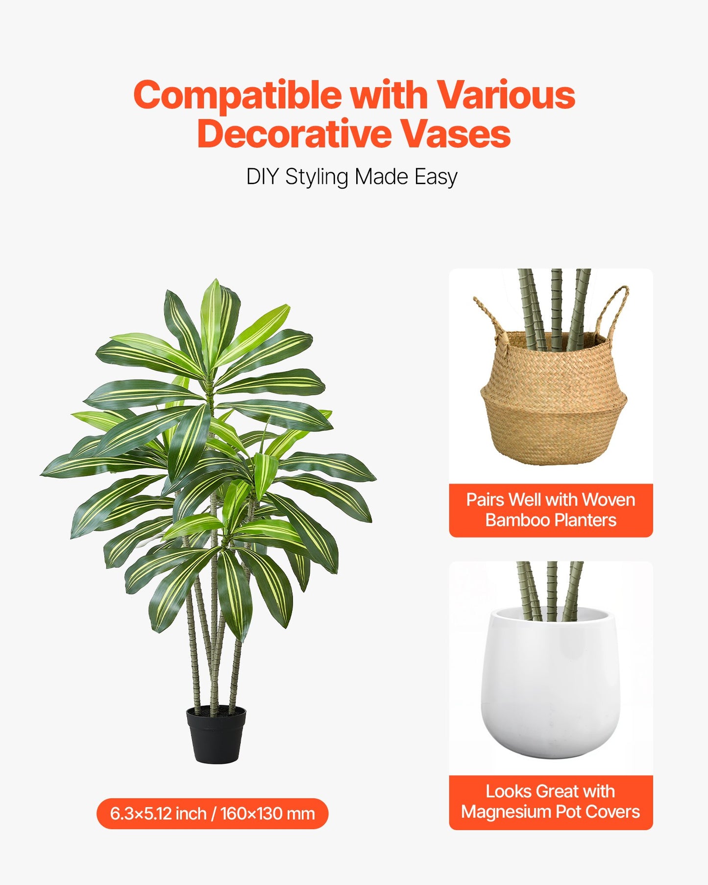Artificial Dracaena Tree 5 ft, Fake Palm Tropical Plants with White Tall Planter, Faux Floor Silk Plant in Pot, Large Trees for Home Office Living Room Decor House Warming, Indoor Outdoor
