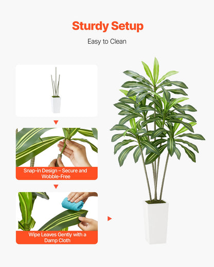 Artificial Dracaena Tree 6 ft, Fake Palm Tropical Plants with White Tall Planter, Faux Floor Silk Plant in Pot, Large Trees for Home Office Living Room Decor House Warming, Indoor Outdoor