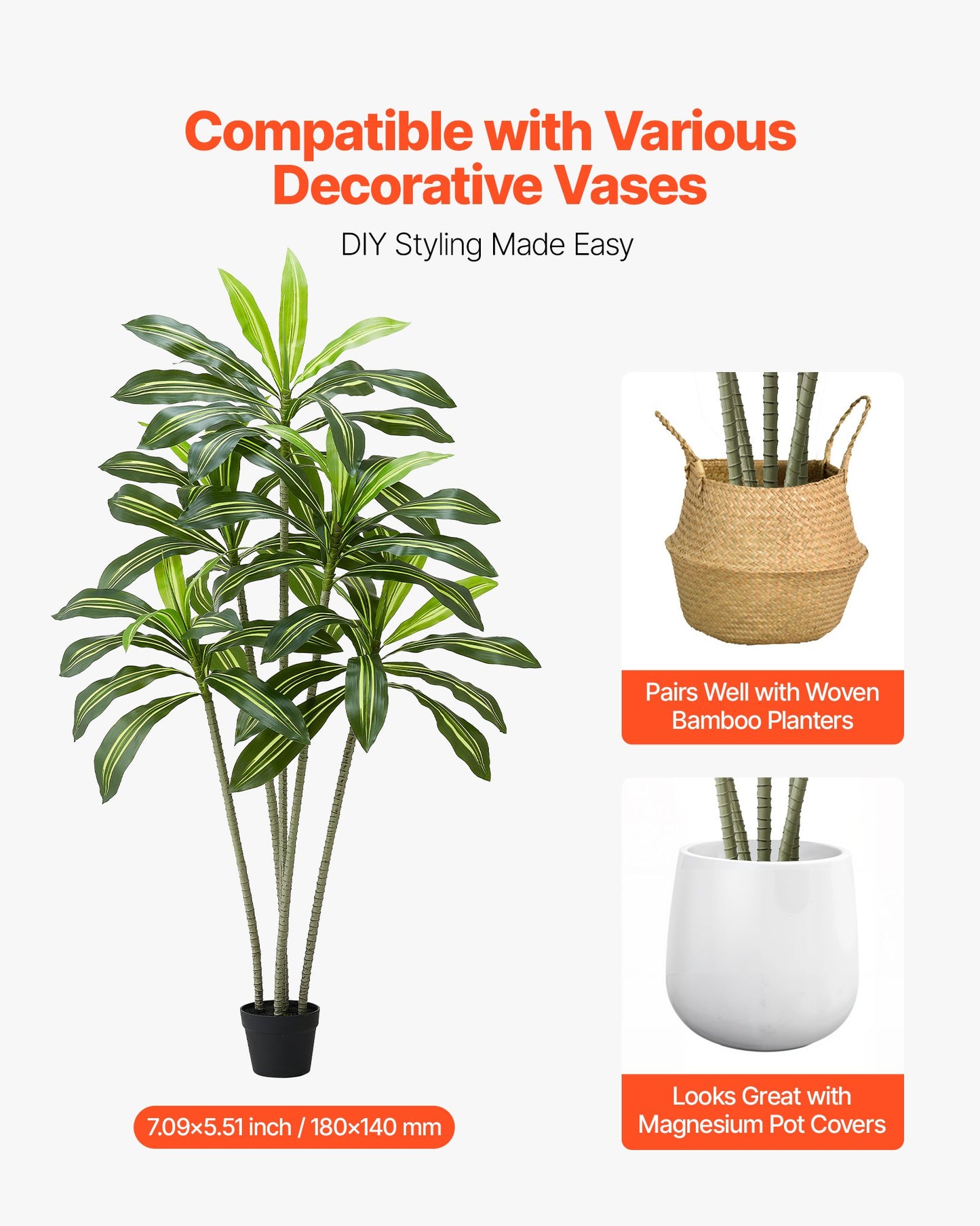 Artificial Dracaena Tree 6 ft, Fake Palm Tropical Plants with White Tall Planter, Faux Floor Silk Plant in Pot, Large Trees for Home Office Living Room Decor House Warming, Indoor Outdoor