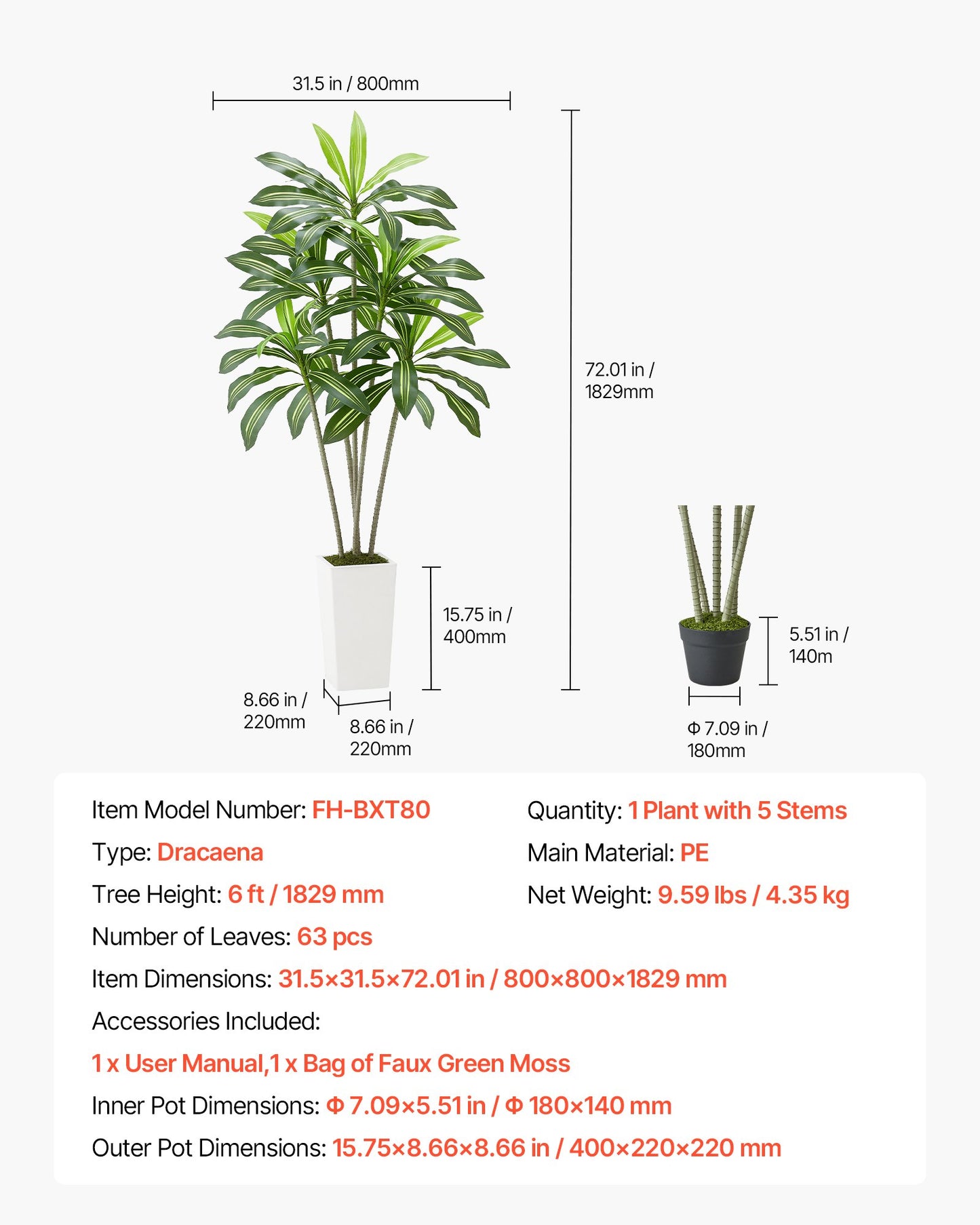 Artificial Dracaena Tree 6 ft, Fake Palm Tropical Plants with White Tall Planter, Faux Floor Silk Plant in Pot, Large Trees for Home Office Living Room Decor House Warming, Indoor Outdoor
