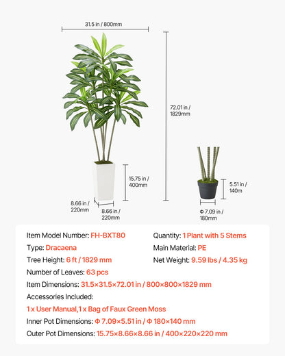 Artificial Dracaena Tree 6 ft, Fake Palm Tropical Plants with White Tall Planter, Faux Floor Silk Plant in Pot, Large Trees for Home Office Living Room Decor House Warming, Indoor Outdoor