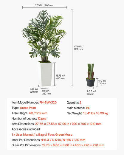 Artificial Areca Palms 4 ft, 2 Pack Fake Palm Tropical Plants with White Tall Planter, Faux Floor Silk Plant in Pot, Large Tree for Home Office Living Room Decor House Warming, Indoor Outdoor