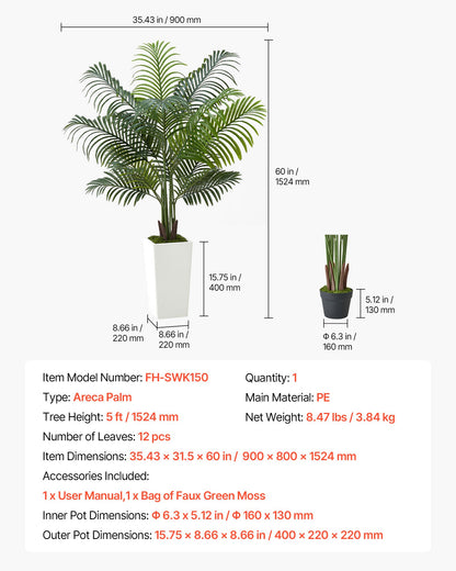 Artificial Areca Palm Tree 5 ft, Fake Palm Tropical Plants with White Tall Planter, Faux Floor Silk Plant in Pot, Large Trees for Home Office Living Room Decor House Warming, Indoor Outdoor
