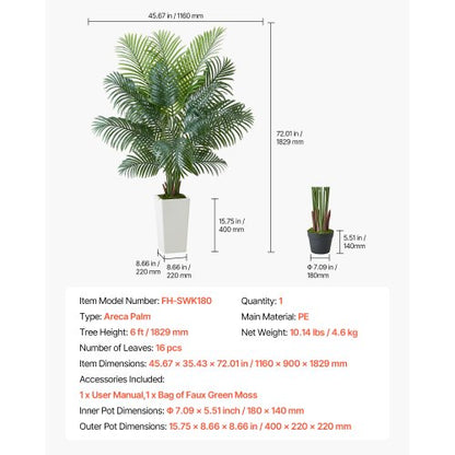 1829 mm artificial Areca palm in pot for home office | EU