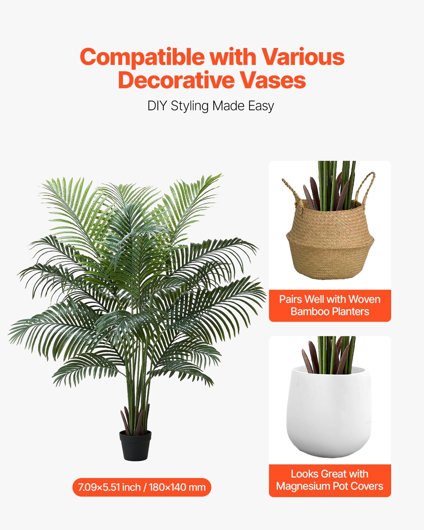Artificial Areca Palm Tree 6 ft, Fake Palm Tropical Plants with White Tall Planter, Faux Floor Silk Plant in Pot, Large Trees for Home Office Living Room Decor House Warming, Indoor Outdoor