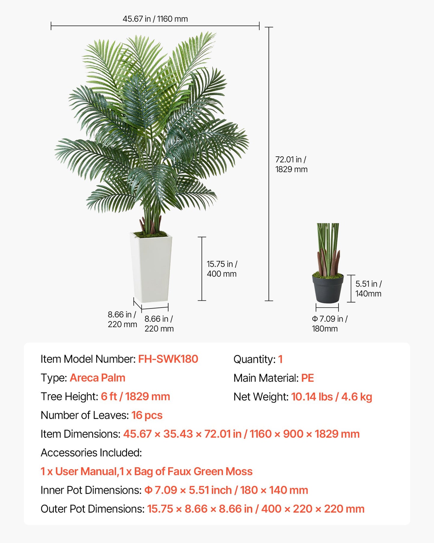 Artificial Areca Palm Tree 6 ft, Fake Palm Tropical Plants with White Tall Planter, Faux Floor Silk Plant in Pot, Large Trees for Home Office Living Room Decor House Warming, Indoor Outdoor