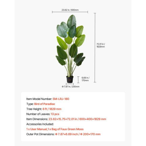 1829 mm Artificial Bird of Paradise Tree Artificial Plant with Pot Indoor | EU