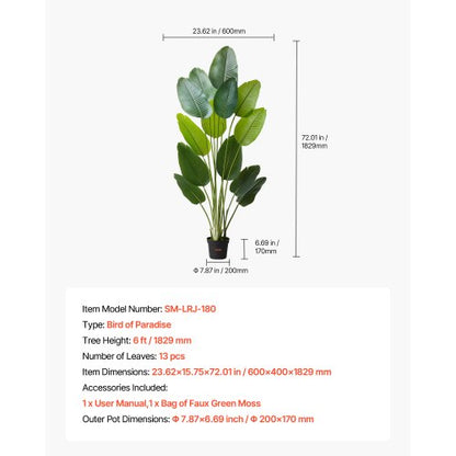 1829 mm Artificial Bird of Paradise Tree Artificial Plant with Pot Indoor | EU