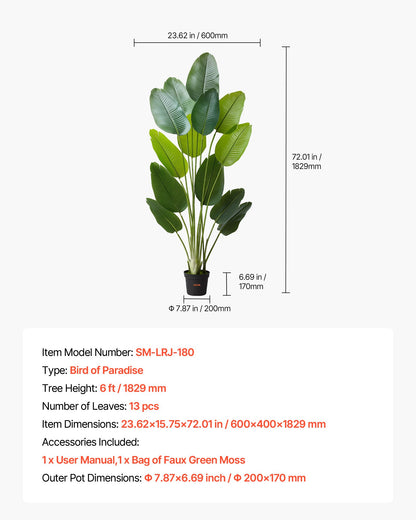 Artificial Bird of Paradise 6 ft Tall, Fake Tropical Plants with with 13 Trunks & White Pot, Faux Floor Silk Tree, Large Trees for Home Office Living Room Decor House Warming, Indoor Outdoor