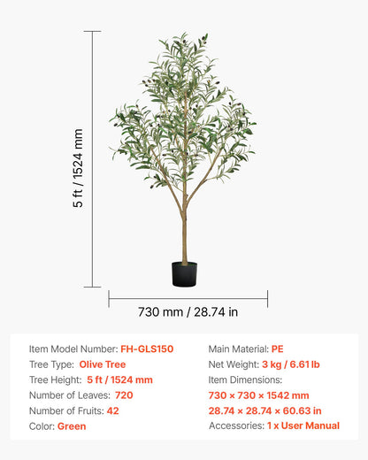 5FT Artificial Olive Tree with Black Pot, Tall Fake Tree with Natural Wood Trunk & Realistic Green Leaves and Fruits, Indoor Faux Plant for Home, Office, Living Room, Corner Decor