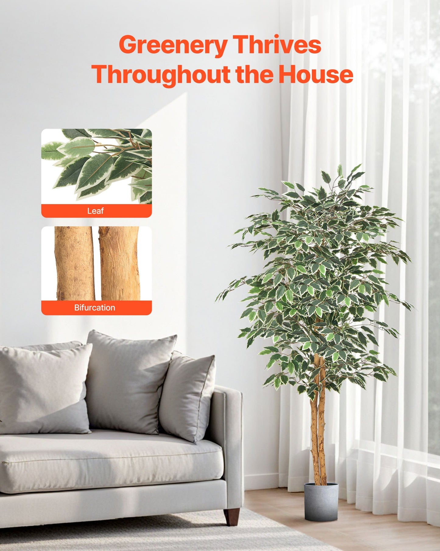 5FT Artificial Ficus Tree with Black Pot, Tall Faux Ficus Plant with Natural Wood Trunk and Realistic Green Leaves, Indoor Fake Silk Tree for Home, Office, Living Room, or Corner Décor