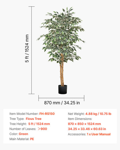 5FT Artificial Ficus Tree with Black Pot, Tall Faux Ficus Plant with Natural Wood Trunk and Realistic Green Leaves, Indoor Fake Silk Tree for Home, Office, Living Room, or Corner Décor