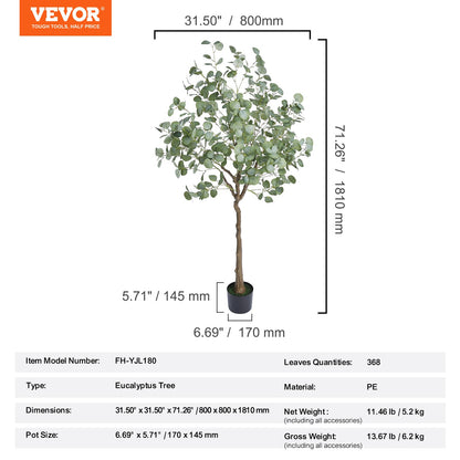 Artificial Eucalyptus Tree, 1.8m High Fake Plant, Safe PE Material and Tip-over Protection Low Maintenance Plant, Lifelike Green Fake Potted Tree for Home Office Decor Indoor Outdoor
