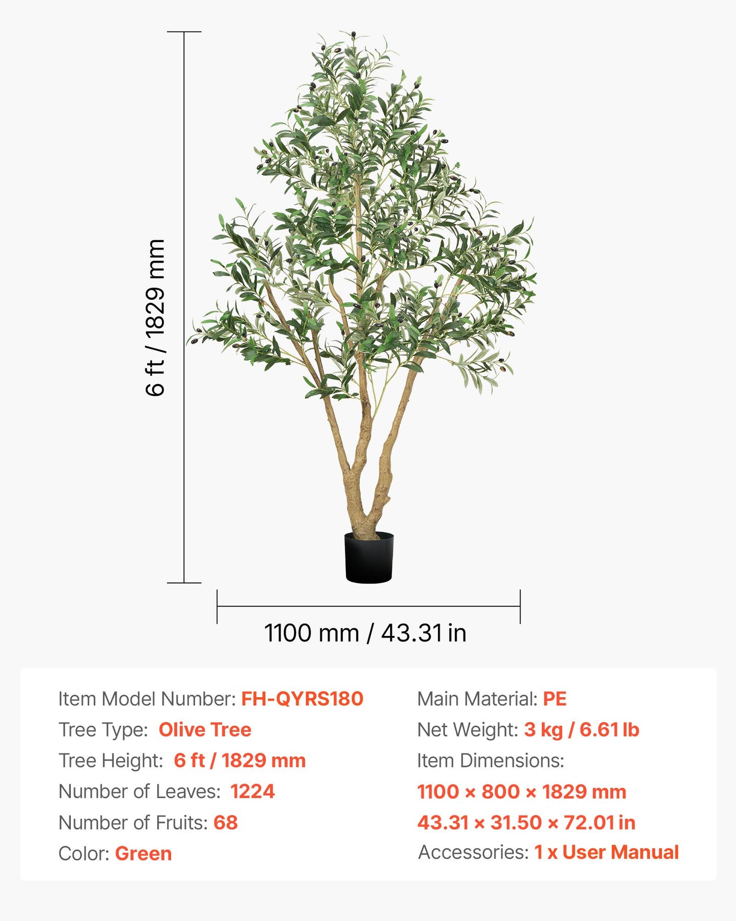 6FT Artificial Olive Tree with Black Pot, Tall Fake Tree with Natural Wood Trunk & Realistic Green Leaves and Fruits, Indoor Faux Plant for Home, Office, Living Room, Corner Decor