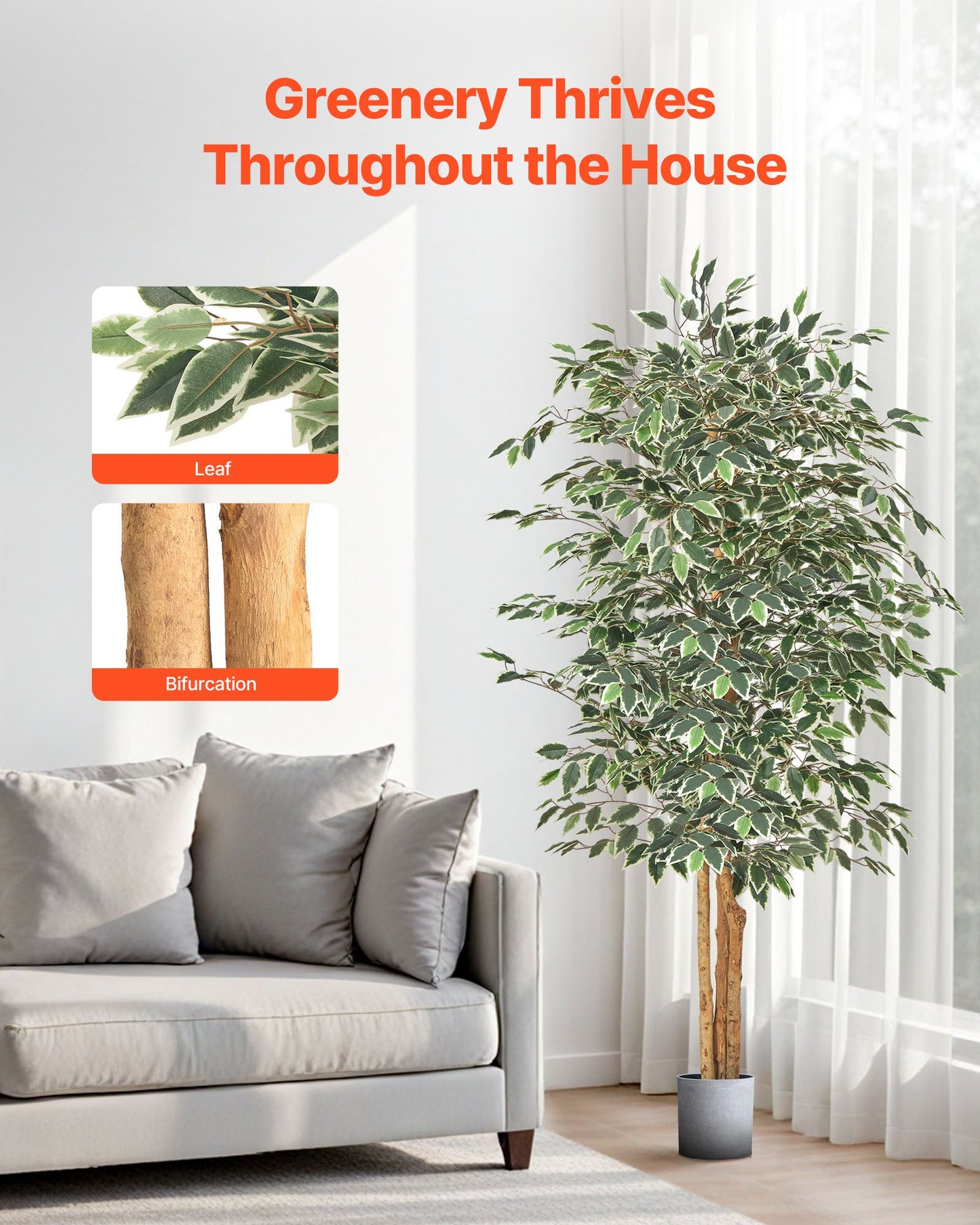 6FT Artificial Ficus Tree with Black Pot, Tall Faux Ficus Plant with Natural Wood Trunk and Realistic Green Leaves, Indoor Fake Silk Tree for Home, Office, Living Room, or Corner Décor