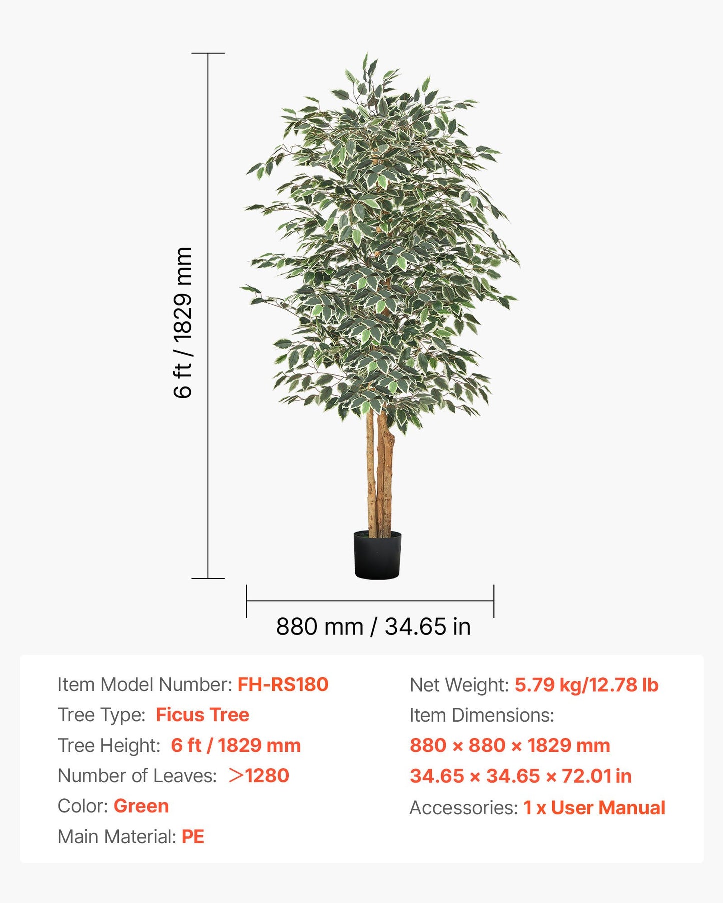 6FT Artificial Ficus Tree with Black Pot, Tall Faux Ficus Plant with Natural Wood Trunk and Realistic Green Leaves, Indoor Fake Silk Tree for Home, Office, Living Room, or Corner Décor
