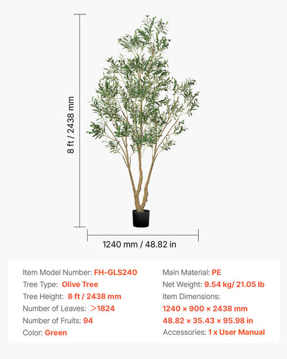 8FT Artificial Olive Tree with Black Pot, Tall Fake Tree with Natural Wood Trunk & Realistic Green Leaves and Fruits, Indoor Faux Plant for Home, Office, Living Room, Corner Decor