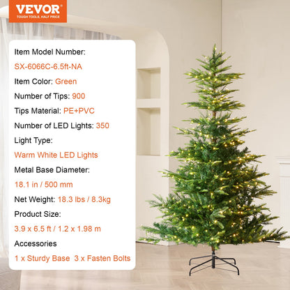 Christmas Tree 6.5 Feet Prelit Artificial Tree with 350 White LEDs 900 Tips
