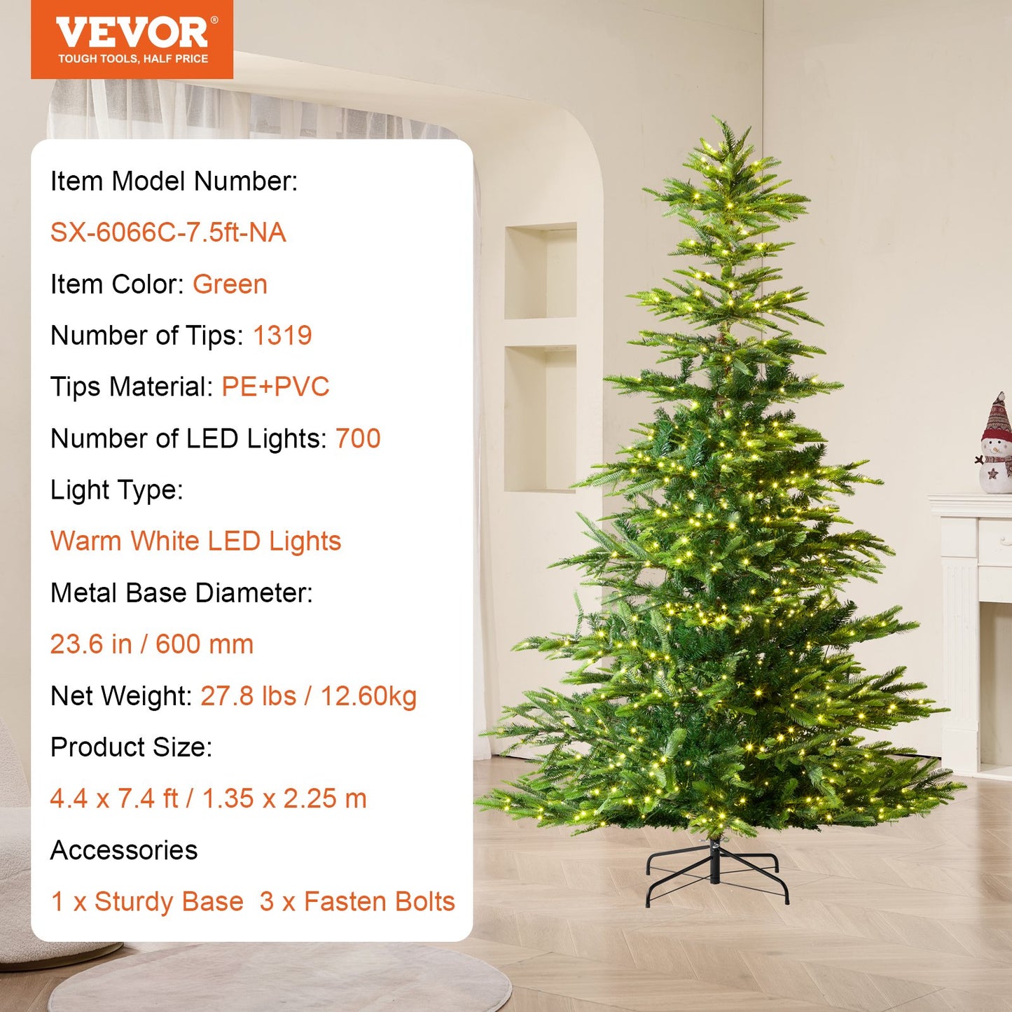 Christmas Tree 7.5 Feet Prelit Artificial Tree with 700 White LEDs 1319 tips