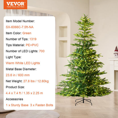 Christmas Tree 7.5 Feet Prelit Artificial Tree with 700 White LEDs 1319 tips
