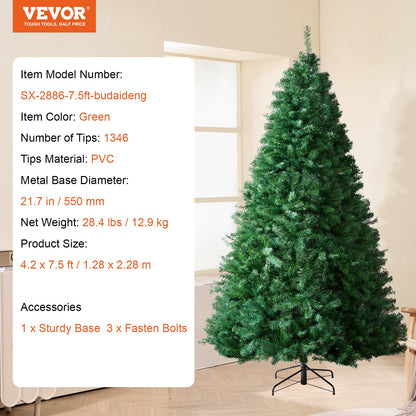Christmas Tree, 7.5ft Artificial Xmas Tree, Full Holiday Decor Tree with 1346 Branch Tips and Metal Base for Home Party Office Decoration