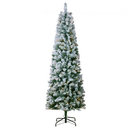 Christmas Tree, 6.5ft Prelit Flocked Artificial Tree, Full Holiday Xmas Tree with 250 White LED Lights, 814 Branch Tips, Metal Base for Home Party Office Decoration