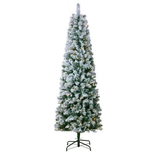 Christmas Tree, 6.5ft Prelit Flocked Artificial Tree, Full Holiday Xmas Tree with 250 White LED Lights, 814 Branch Tips, Metal Base for Home Party Office Decoration