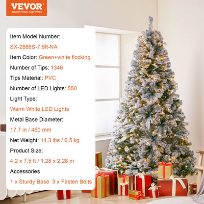 Christmas Tree 7.5 Feet Pre-Lighted Flocked Christmas Tree with 550 LED Lights 1346 Lace