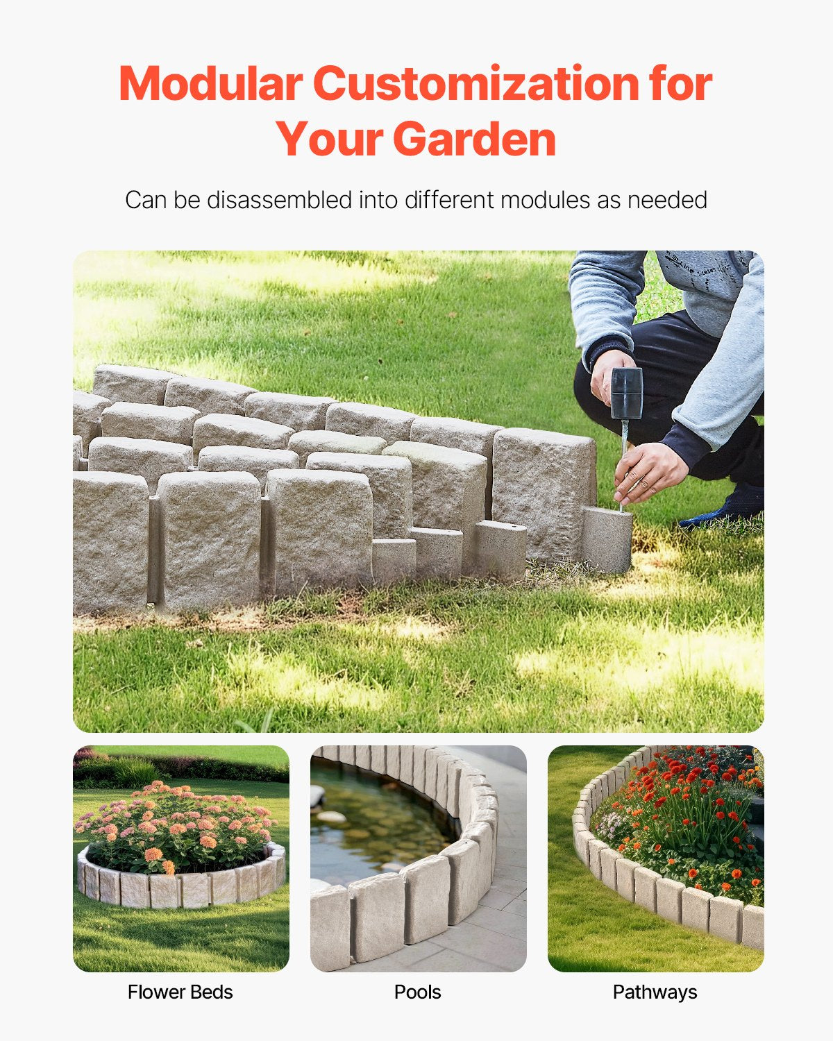 Faux Stone Landscape Edging, 47.2 x 9 in Realistic Lawn Edging, Flexible Brick-Sized Garden Edging Border with Anchoring Spikes, Fade-Resistant Yard Edging for Driveways Walkway Beige