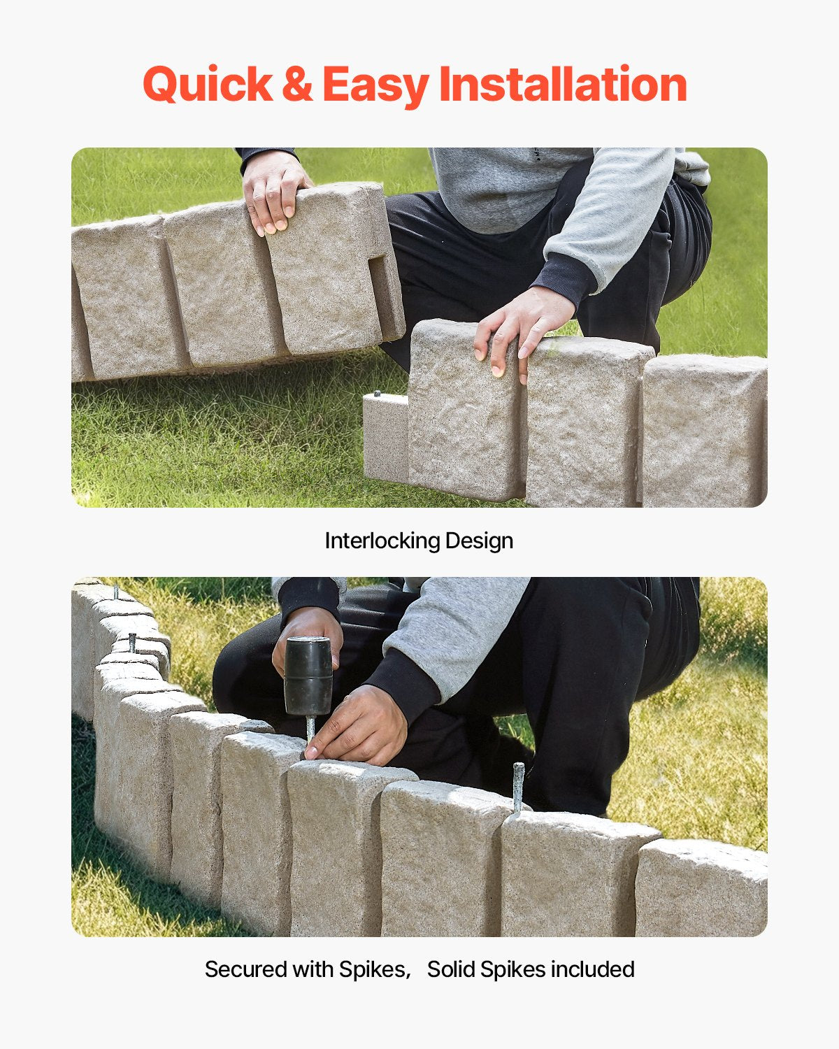 Faux Stone Landscape Edging, 47.2 x 9 in Realistic Lawn Edging, Flexible Brick-Sized Garden Edging Border with Anchoring Spikes, Fade-Resistant Yard Edging for Driveways Walkway Beige