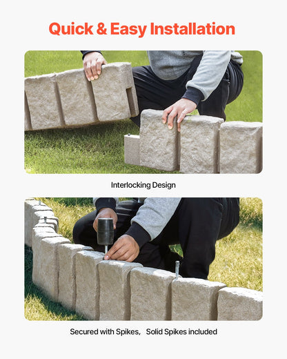 Faux Stone Landscape Edging, 47.2 x 9 in Realistic Lawn Edging, Flexible Brick-Sized Garden Edging Border with Anchoring Spikes, Fade-Resistant Yard Edging for Driveways Walkway Beige
