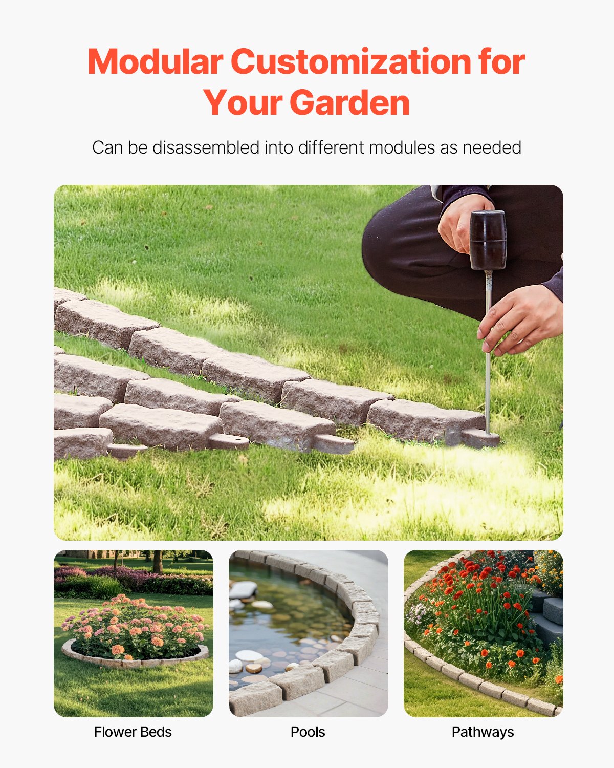 Faux Stone Landscape Edging, 46.4 x 2.2 in Realistic Lawn Edging, Flexible Brick-Sized Garden Edging Border with Anchoring Spikes, Fade-Resistant Yard Edging for Driveways Walkway Beige