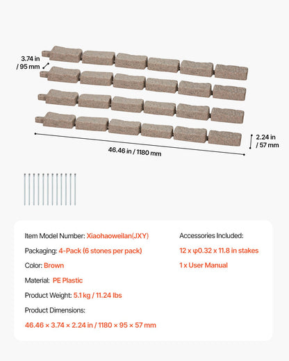 Faux Stone Landscape Edging, 46.4 x 2.2 in Realistic Lawn Edging, Flexible Brick-Sized Garden Edging Border with Anchoring Spikes, Fade-Resistant Yard Edging for Driveways Walkway Brown