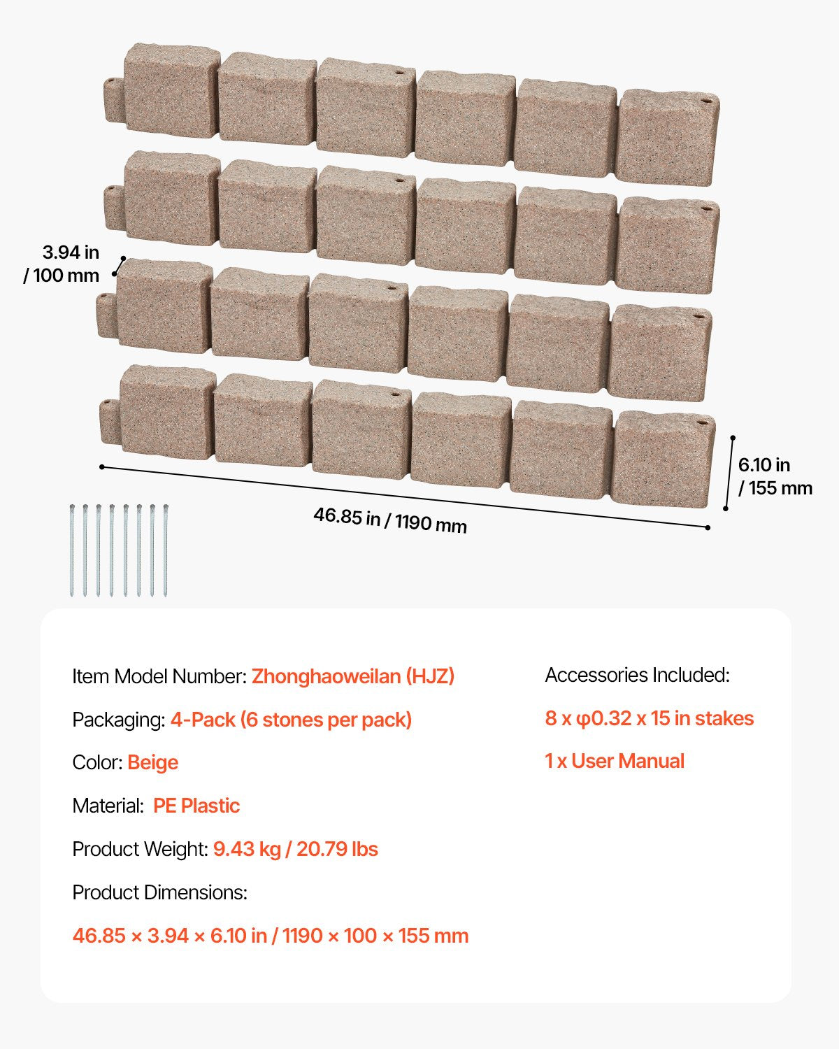 Faux Stone Landscape Edging 46.8 x 3.9 in Realistic Lawn Edging, Flexible Brick-Sized Garden Edging Border with Anchoring Spikes, Fade-Resistant Yard Edging for Driveways Walkway Beige