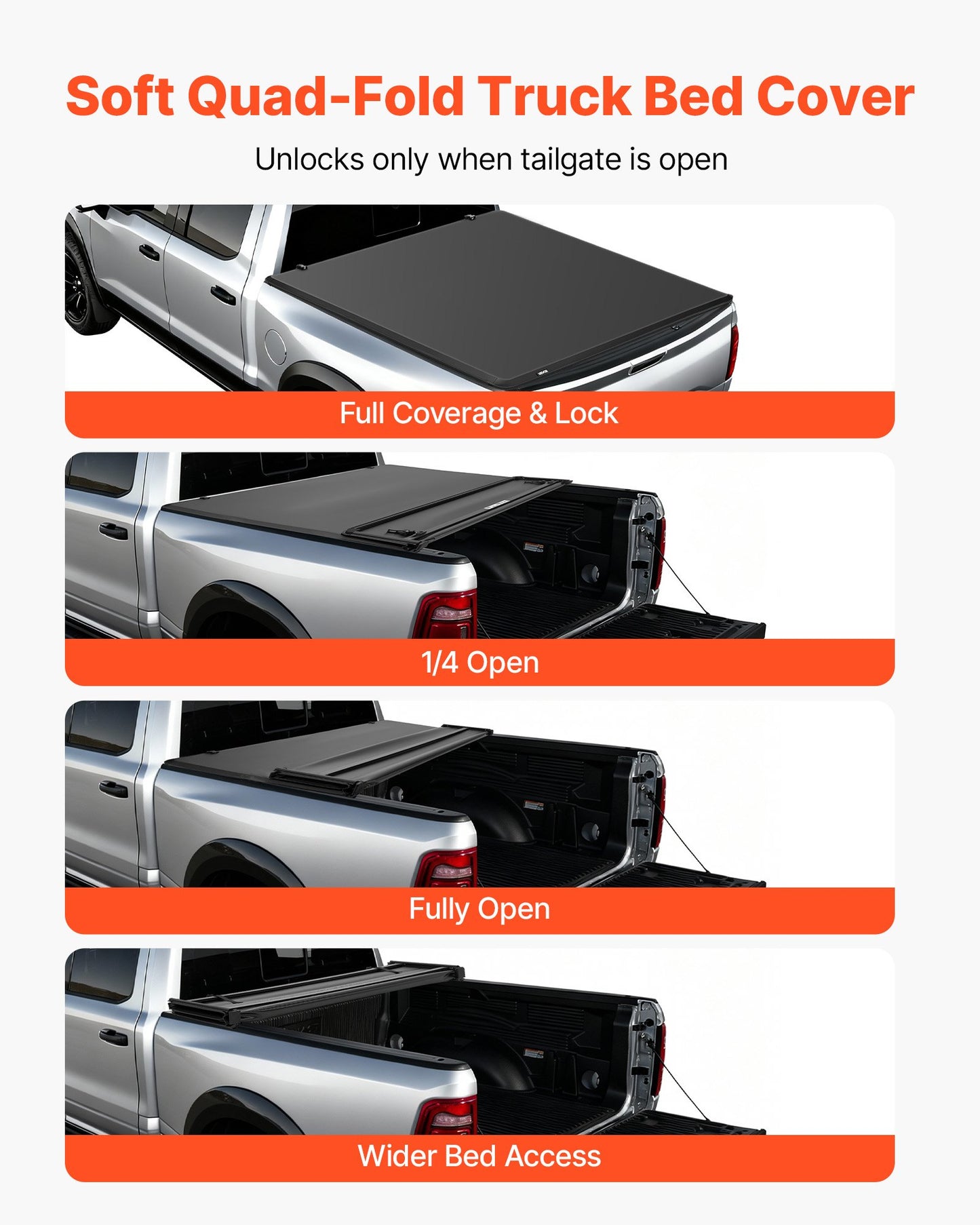 Soft Quad-Fold Truck Bed Tonneau Cover, Compatible with 2019-2024 Dodge Ram 1500 (Incl. Classic & New) 6.4 ft (76 in) Bed Without Rambox, Split Tailgate, Waterproof Folding Truck Tonneau Cover