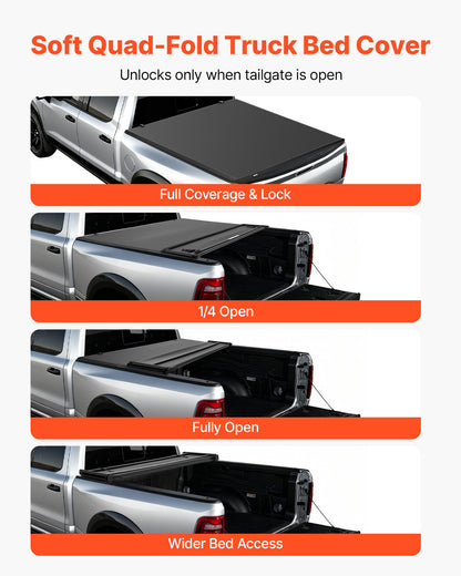 Soft Quad-Fold Truck Bed Tonneau Cover, Compatible with 2019-2024 Dodge Ram 1500 (Incl. Classic & New) 6.4 ft (76 in) Bed Without Rambox, Split Tailgate, Waterproof Folding Truck Tonneau Cover