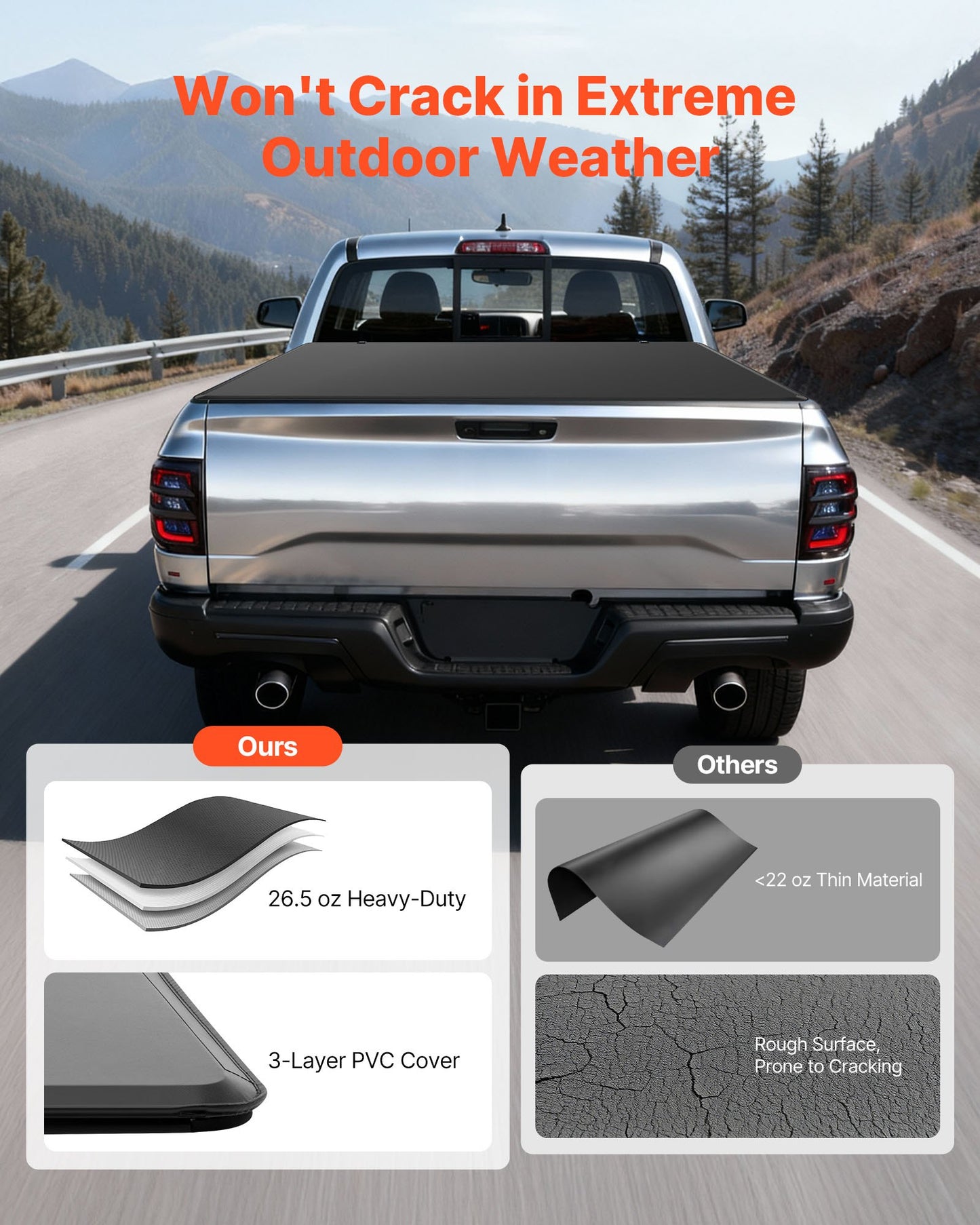 Soft Quad-Fold Truck Bed Tonneau Cover, Compatible with 2019-2024 Dodge Ram 1500 (Incl. Classic & New) 6.4 ft (76 in) Bed Without Rambox, Split Tailgate, Waterproof Folding Truck Tonneau Cover