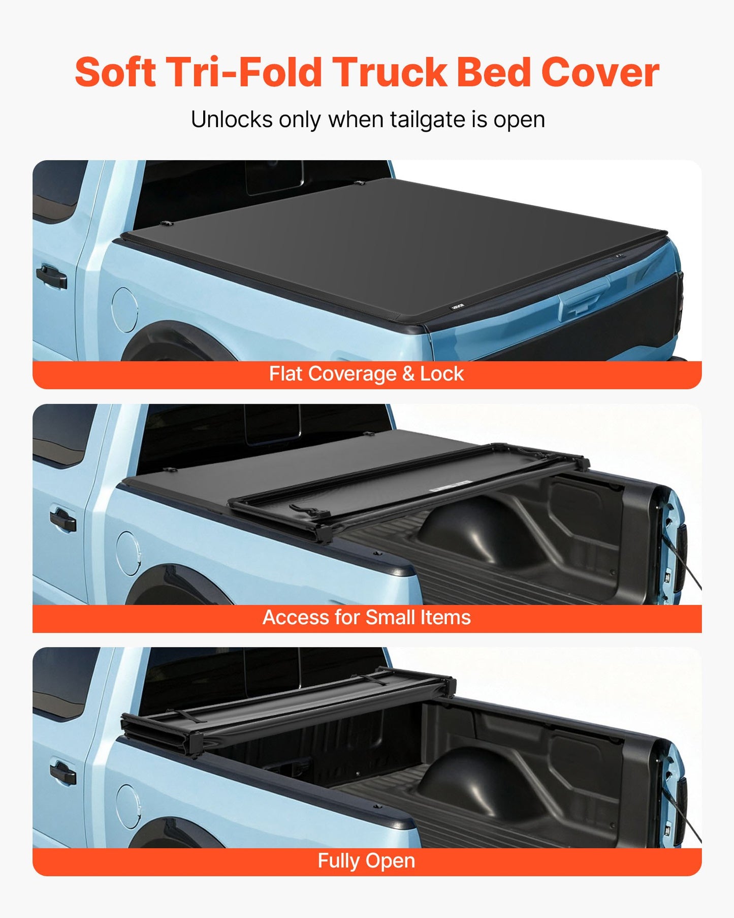 Soft Tri-Fold Truck Bed Tonneau Cover, Compatible with 2016-2023 Toyota Tacoma (Excl. Trail Edition) 5 ft (60.5 in) Bed with Track Rail System, Fleetside, Waterproof Folding Truck Tonneau Cover