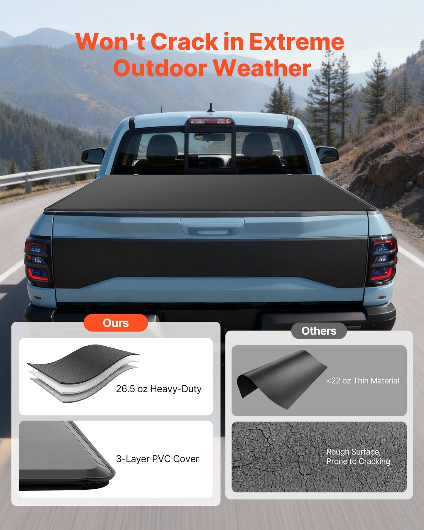 Soft Tri-Fold Truck Bed Tonneau Cover, Compatible with 2016-2023 Toyota Tacoma (Excl. Trail Edition) 5 ft (60.5 in) Bed with Track Rail System, Fleetside, Waterproof Folding Truck Tonneau Cover